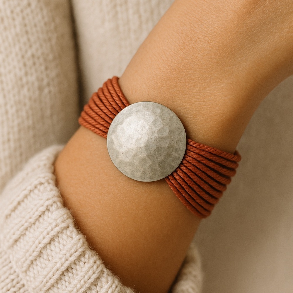 1970s Hammered Dome Macramé Bracelet — Terracotta Multi-Strand Cord